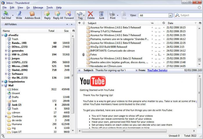 Главный экран почтового клиента Mozilla Thunderbird