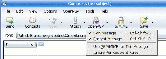 Дополнения, появляющиеся в почтовом клиенте после установки Enigmail